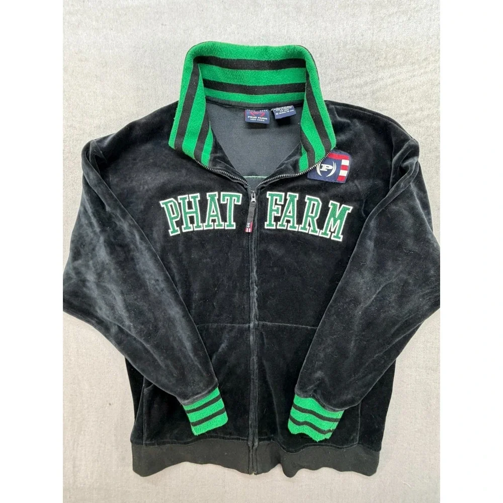 Youth Phat Farm Zip Up Jacket Black Green Size Large 14/16